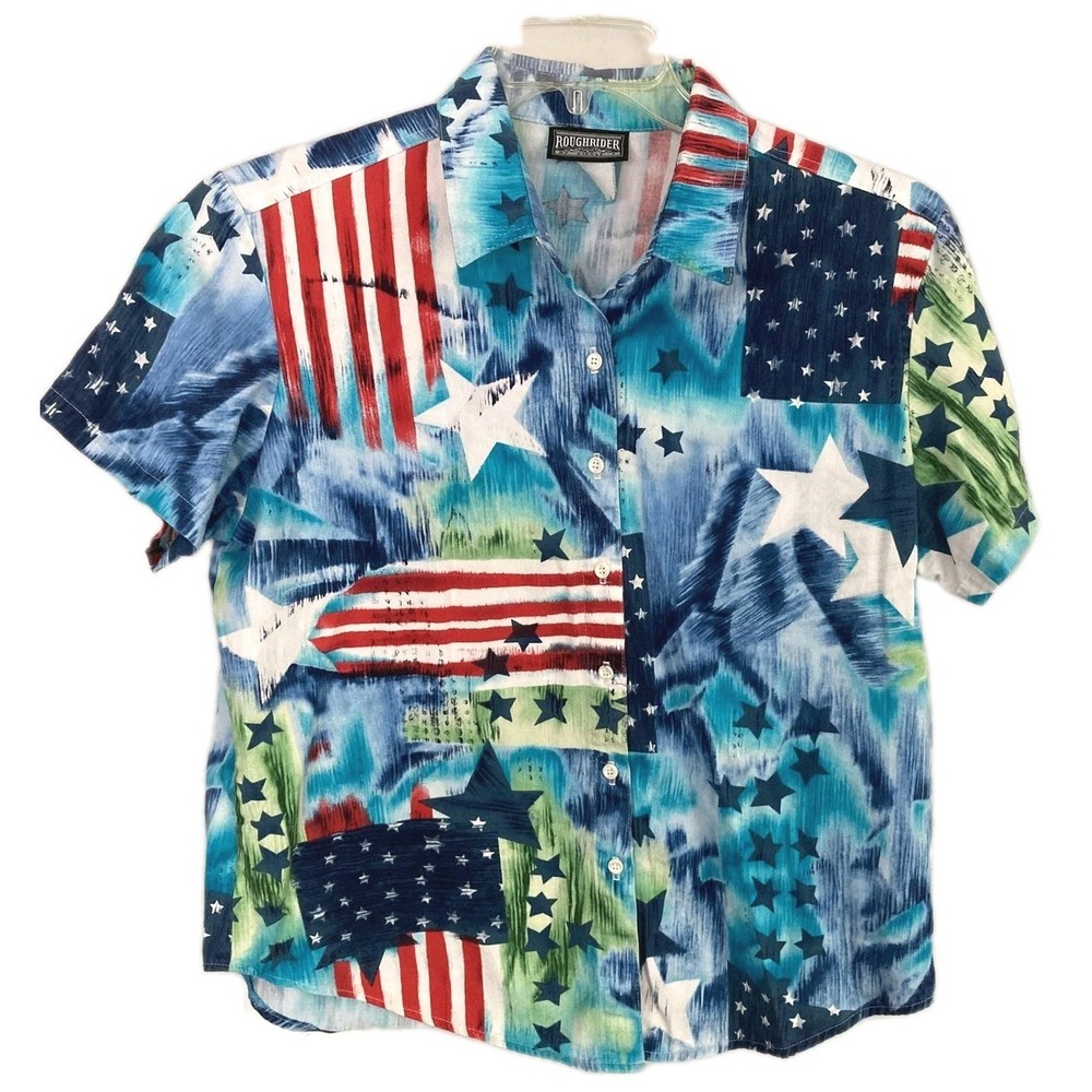 Rough Rider by Circle T Shirt Womens L/XL American Flag Patriotic USA Button Up